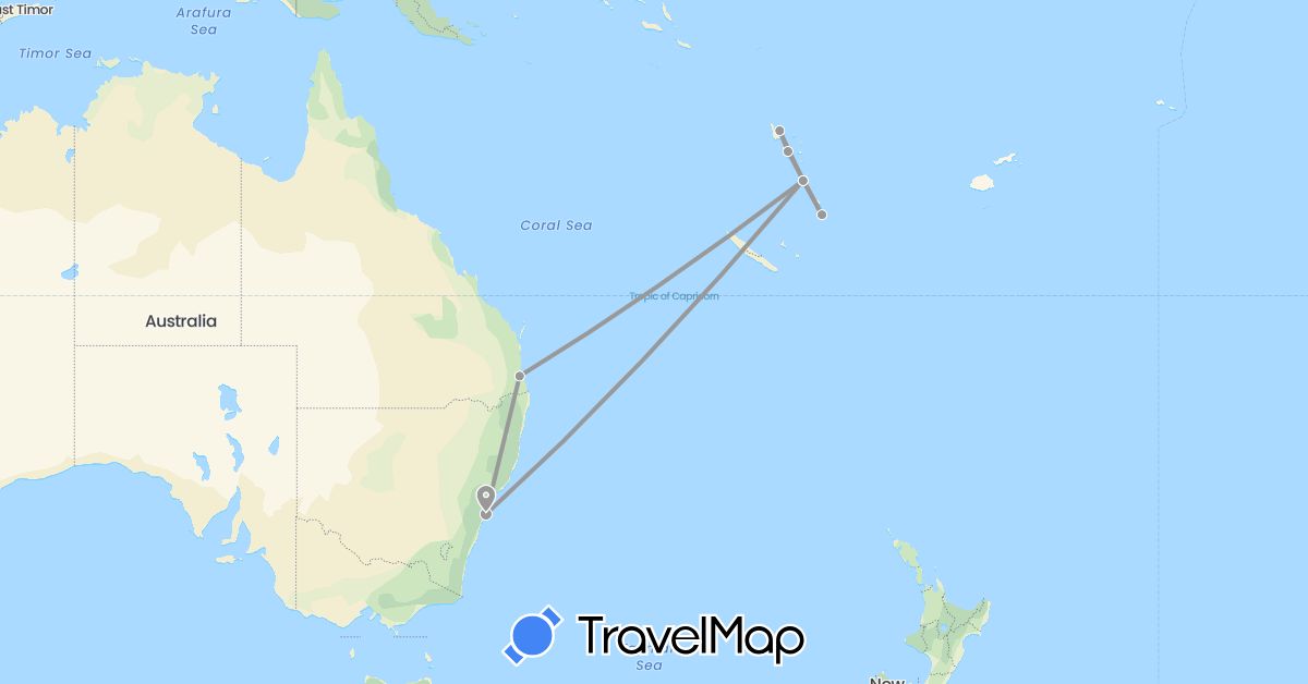 TravelMap itinerary: driving, plane in Australia, Vanuatu (Oceania)