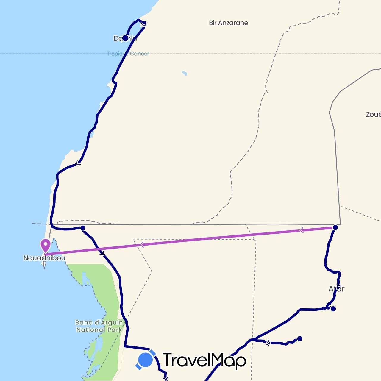 TravelMap itinerary: driving, train in Morocco, Mauritania (Africa)