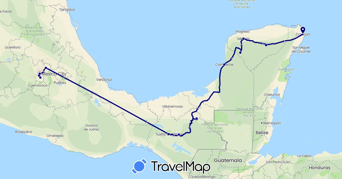 TravelMap itinerary: driving in Mexico (North America)