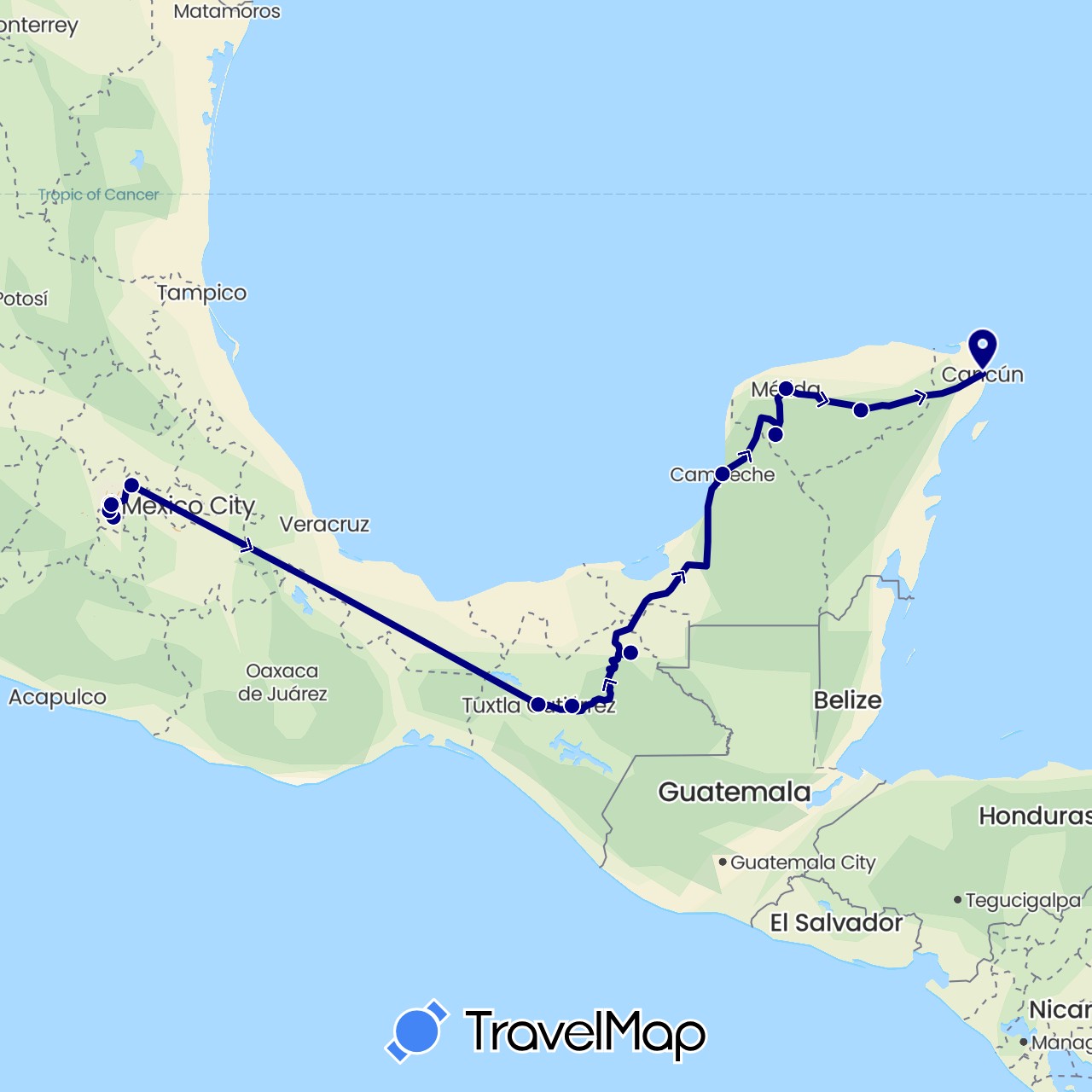 TravelMap itinerary: driving in Mexico (North America)