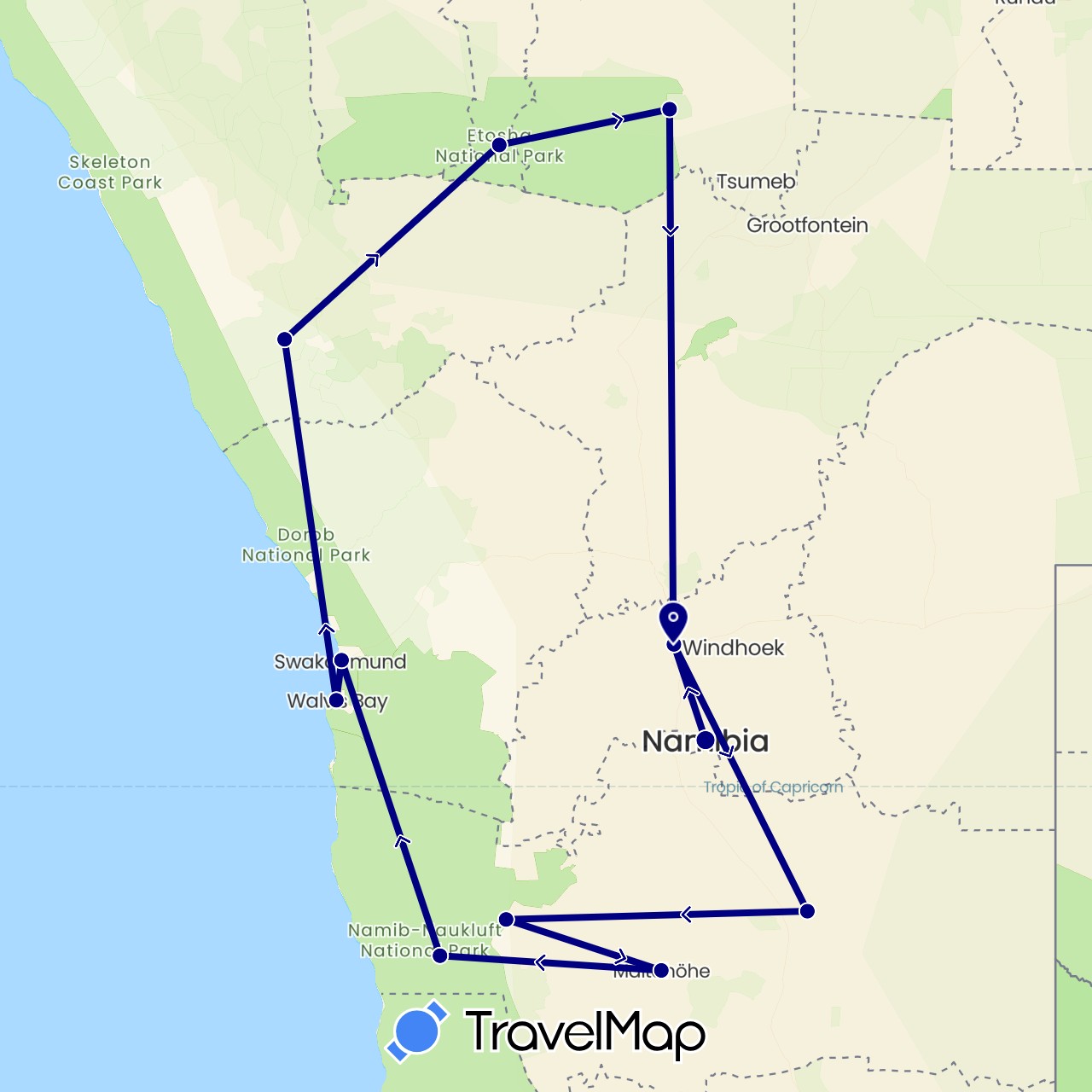 TravelMap itinerary: driving in Namibia (Africa)