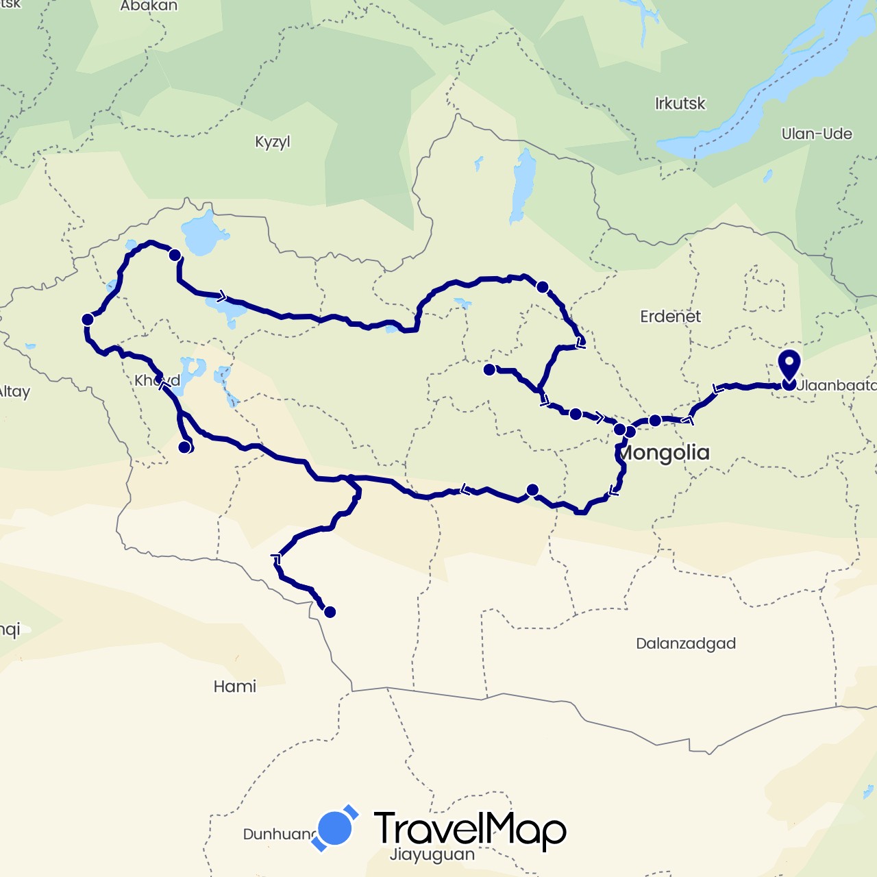 TravelMap itinerary: driving in Mongolia (Asia)