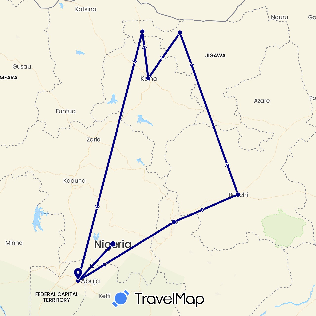 TravelMap itinerary: driving in Nigeria (Africa)